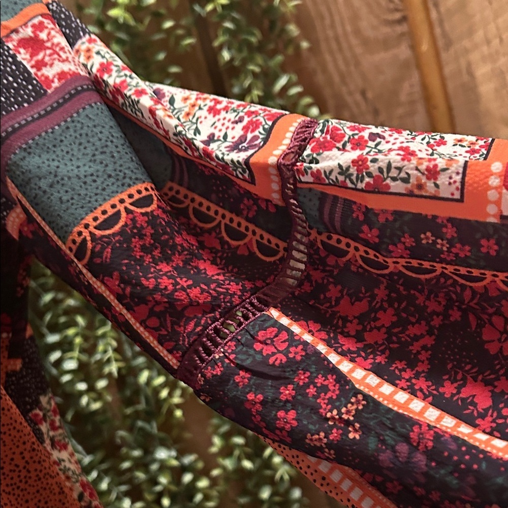 NWOT Patchwork Floral Boho Top - Red, Black, Cream - Picture 3 of 3